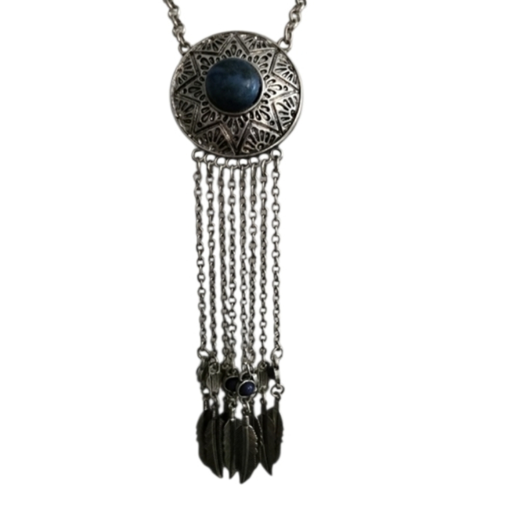 Art Deco Silver Necklace Blue Stone Tassels